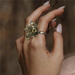 Gold and Silver Tone Floral Statement Ring with Three Textured Petals